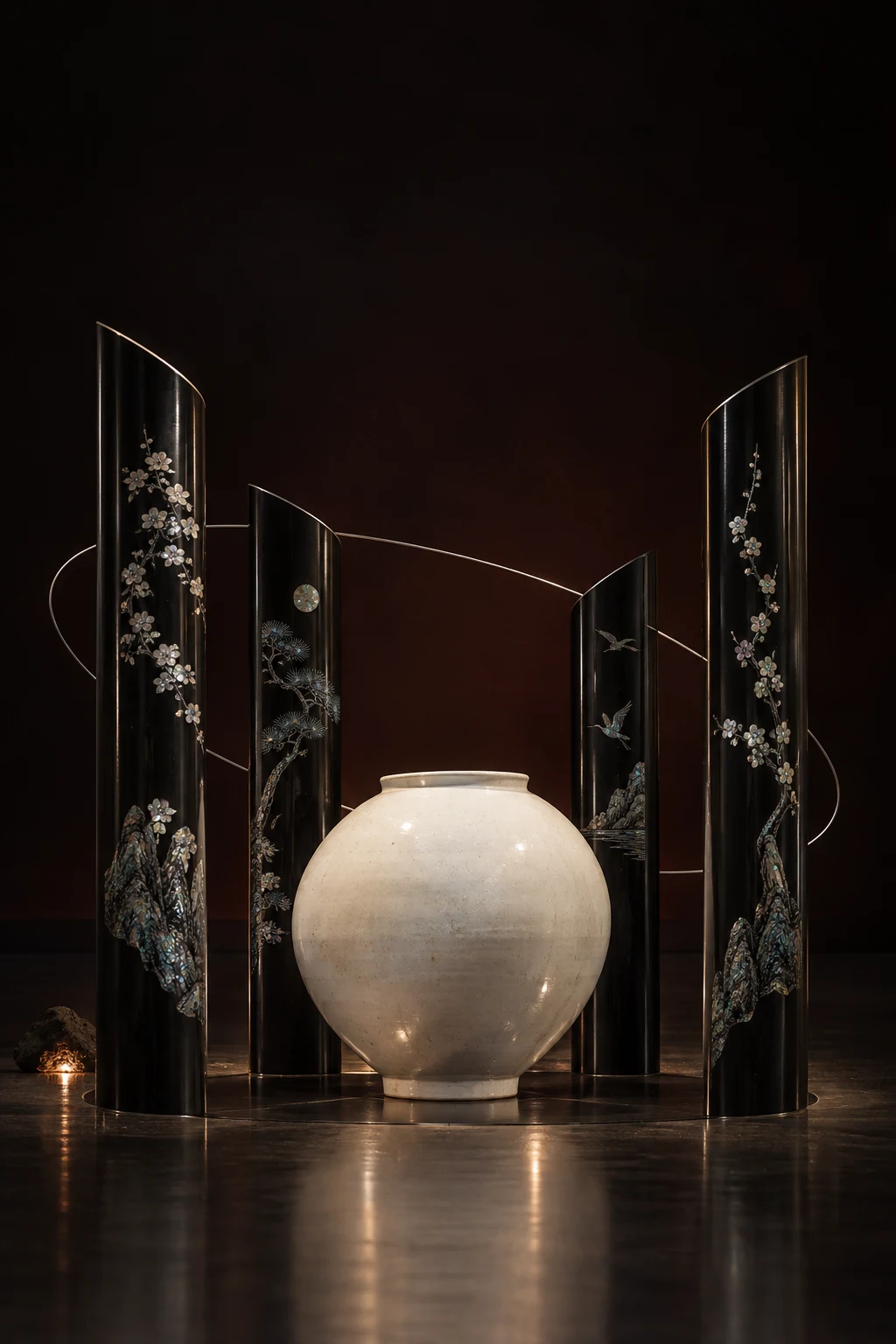Four mother-of-pearl lacquer pillars surround a Korean moon jar